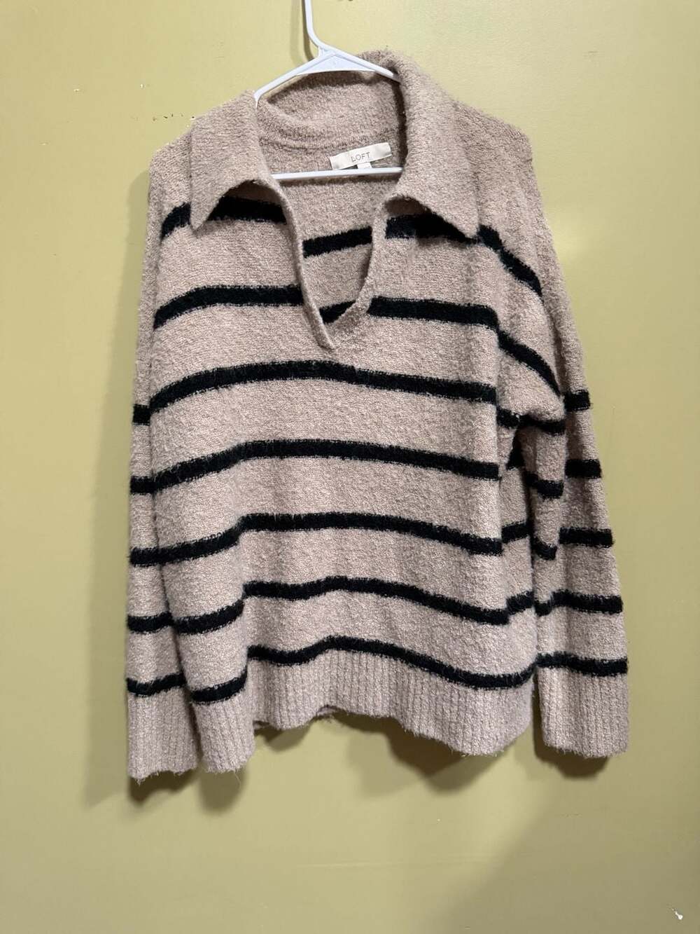 LOFT Women's XL Tan and Black Striped Collared Polo Sweater Pullover